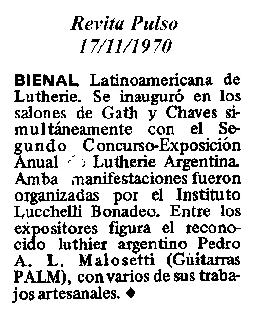 1970 - Inauguración de la Bienal Latinoamericana de Lutheria en la revista Pulso